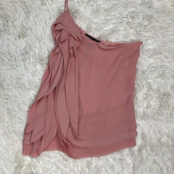 BCBGMaxAzria Blush Pink One Shoulder 100% Silk Ruffle Blouse Top XXS - Picture 9 of 11